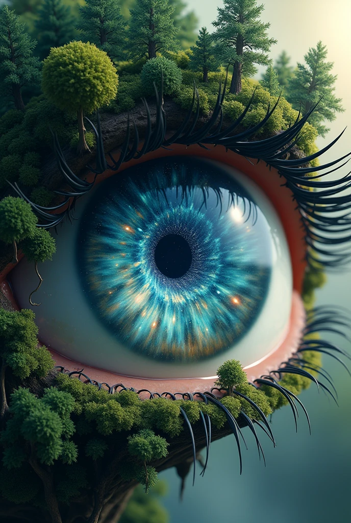 Eye where the iris is a forest and the pupil shows a universe