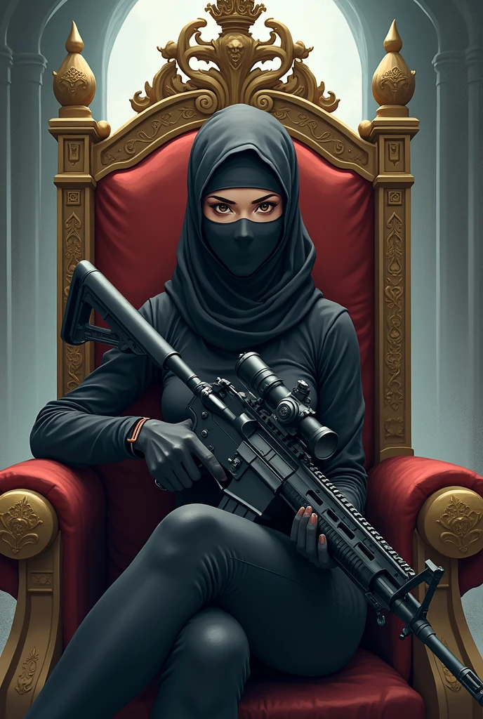 Woman in balaclava and rifle on anime throne