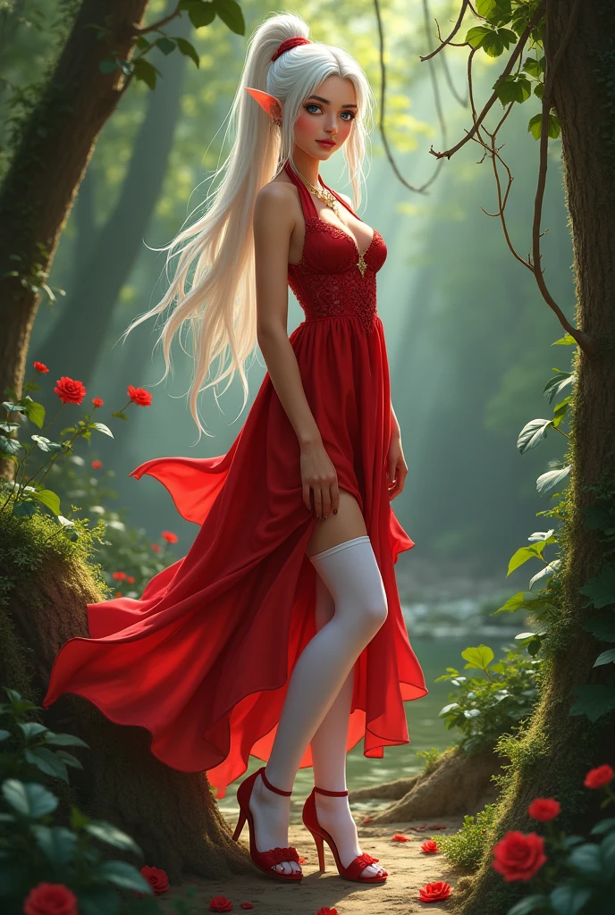 tiffaniawestwood, tiffania westwood, blonde hair, blue eyes, elf, long ponytail, pointy ears,
BREAK dress, red dress, halter dress, halterneck, sandals, thighhighs, toeless legwear, white thighhighs,
BREAK looking at viewer,
BREAK outdoors, forest,
BREAK (masterpiece:1.2), best quality, high resolution, unity 8k wallpaper, (illustration:0.8), (beautiful detailed eyes:1.6), extremely detailed face, perfect lighting, extremely detailed CG, (perfect hands, perfect anatomy), nipples shown out of the dress ,big nipples 