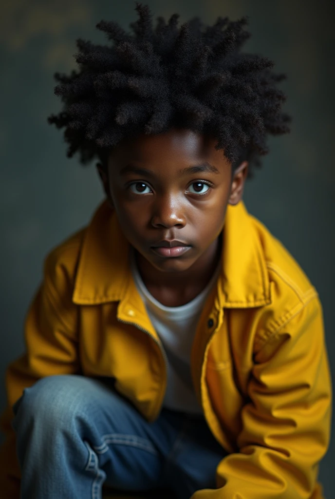 a dark boy, dark curly hair,
Wearing a yellow jacket and jeans