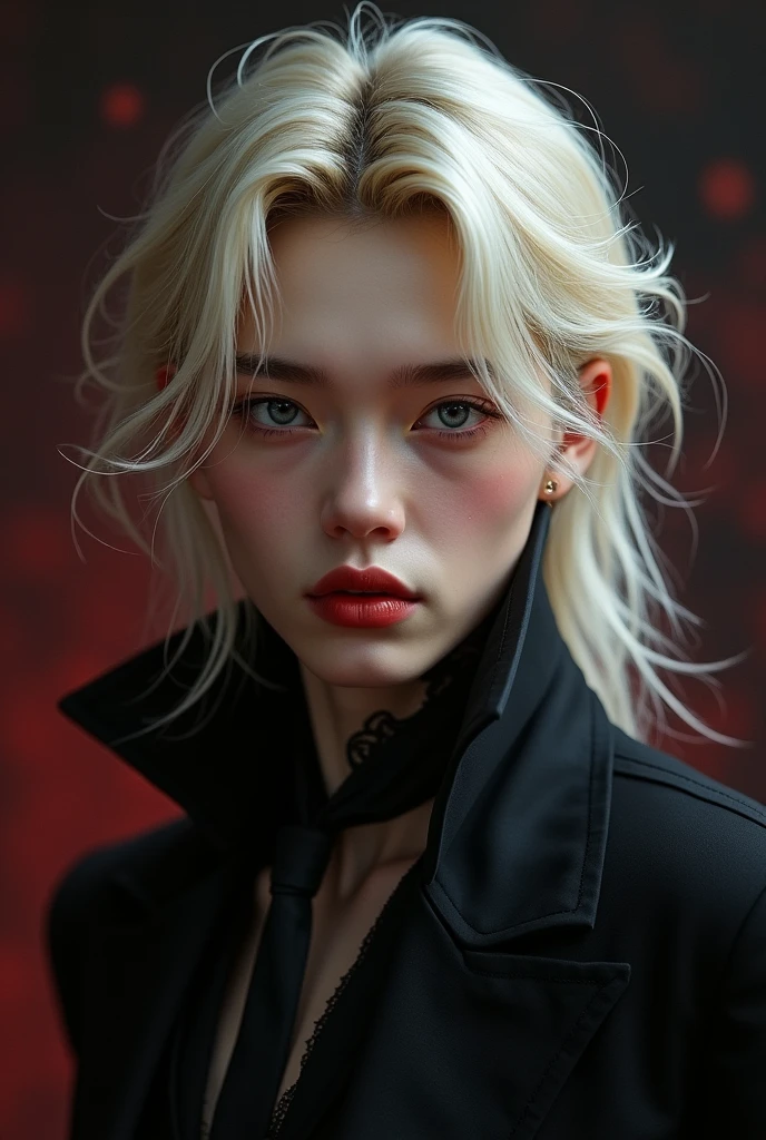 Jimin from BTS vampire, long blonde hair, The image must have subtle black and red tones., that is pretty and effeminate 