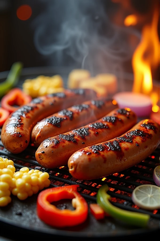 Create an image of frankfurt sausage, being grilled on a bbq stove with onions, corns, and sliced bell pepper, fire under and around. The upper side of the sausage is brown crusty with grill marks, medium, sizzling, oil particles spreading around the meat, faint smoke. Advertising photography, exaggerating deliciousness, arousing appetite