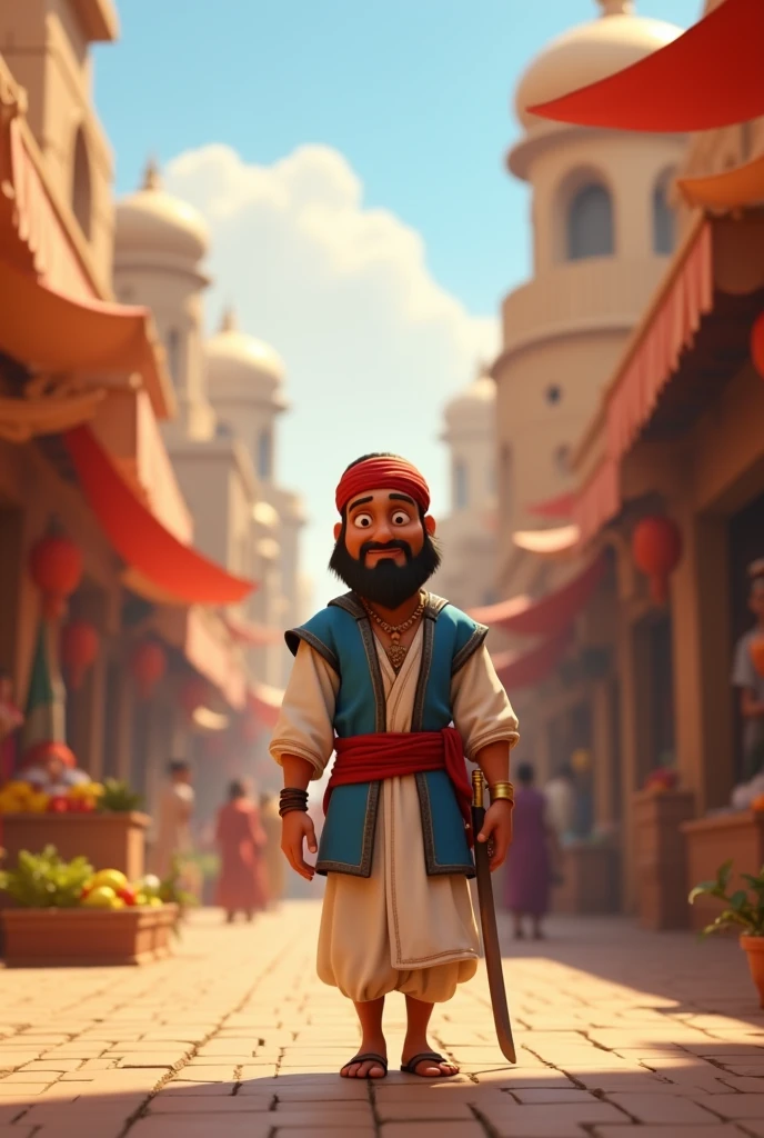 Scene 1: Introduction to Sinbad (0-5 seconds)
• Image: The screen fades in to reveal an ancient city (Baghdad) with tall buildings, domed roofs, and a bustling market. In the center of the scene is Sinbad, dressed in traditional clothing, walking through the market, making him seem like an integral part of this city.
• Sound: Soft opening music with the sounds of a busy market.
• Narration: Narrator (warm and formal voice): “From the magnificent city of Baghdad, a legend was born. Sinbad, a merchant and adventurer, who embarked on voyages few dared to undertake.” "prompt": "A highly detailed 3D Disney-Pixar style scene showing Sinbad , wearing the exact same outfit from the reference image: a red belt, headband, and white pants with a blue vest. Sinbad has a curved Mongolian-style sword sheathed at his side.
