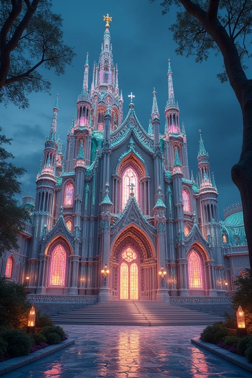 A building made of jewels. Gothic architecture. It has more of a sparkling, reflective feel to it. It's all made of jewels. It reflects the light and sparkles more. It has the transparency of jewels. The interior, the furniture and pillars are all made of jewels. The tables and floors are all made of jewels. Kitchen、Kitchen、Cooking space