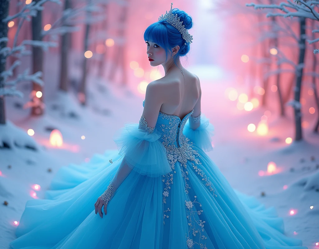 ชุดสีฟ้า, ชุดแต่งงานเซ็กซี่สวยงามของญี่ปุ่น, ยิงมุมสูงเต็มตัว, ผมสีฟ้า, ริมฝีปากสีแดง、(สีเรืองแสง:1.4)、(โปร่งแสง:1.4)、(ตัวกรองย้อนยุค:1.4)、(แฟนตาซี:1.4)、Candy world Disney แฟนตาซี fluffy soft scenery forest snow avatar pink sky green blue glow dreamy lights soft soft glow rainbow stars diamond glitter gem background surreal ultra hd movie lighting huge details full hd full light、