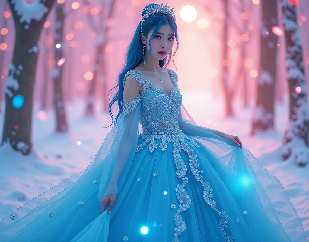 ชุดสีฟ้า, ชุดแต่งงานเซ็กซี่สวยงามของญี่ปุ่น, ยิงมุมสูงเต็มตัว, ผมสีฟ้า, ริมฝีปากสีแดง、(สีเรืองแสง:1.4)、(โปร่งแสง:1.4)、(ตัวกรองย้อนยุค:1.4)、(แฟนตาซี:1.4)、Candy world Disney แฟนตาซี fluffy soft scenery forest snow avatar pink sky green blue glow dreamy lights soft soft glow rainbow stars diamond glitter gem background surreal ultra hd movie lighting huge details full hd full light、
