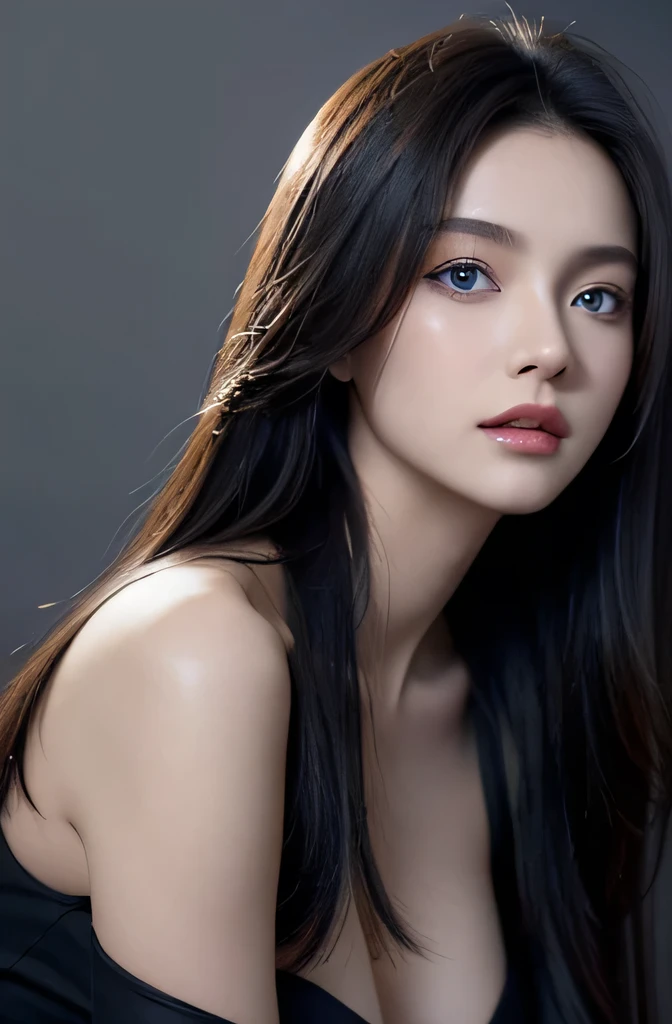 8K, Top Quality, Intricate Details, Ultra Detail, Ultra High Resolution, Masterpiece, full body,  Slender, Smile, (Makeup: 0.4), (Fluffy Blue Eyes: 1.21), blue Eyes, looking at viewer, ((full body)), 1girl, solo, 1 girl, (( full body)), , , ((tall)), (((fit body))), (((slim face))), sharp face, sharp eyes, (((black hair,  )) , (detailed face), sharp face, small lips,,
 (( )), ((open vest)),  detailed face, detailed breast, , large breast, detail ass, , Beautiful girl with accentuated slender abs: 1.4, Six Pack Abs: 1.4, Bust Botox, Big, Perfect Body, detail leg, (( dark background)), black background,