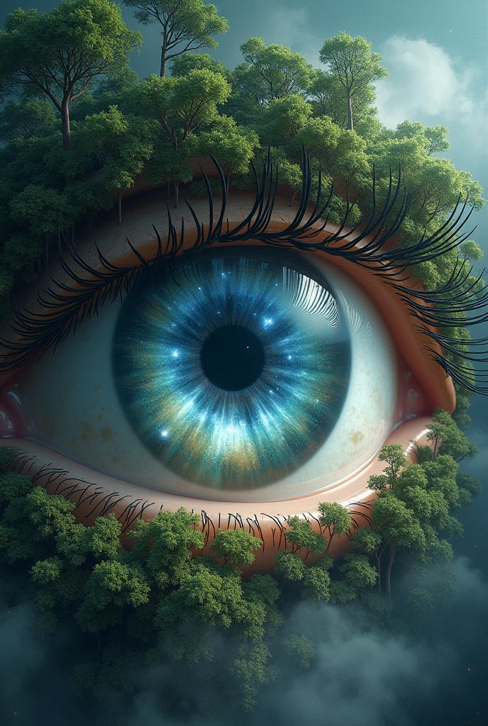 Eye where the iris is a forest and the pupil shows a universe