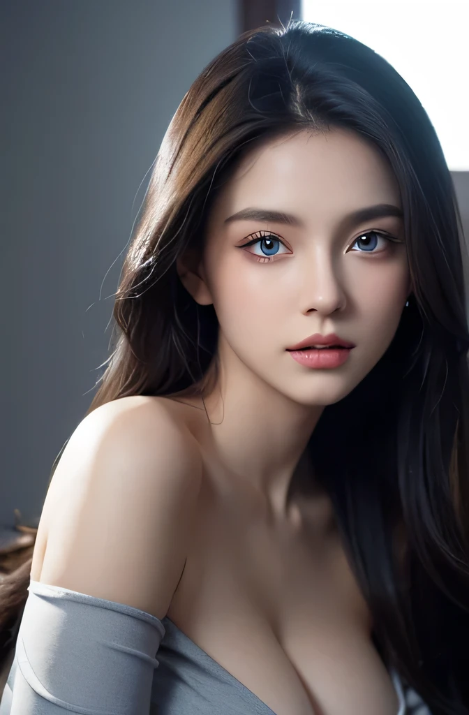 Skin Tight Black Top:1.2、look at viewer、cinematic lighting、perfect、soft light、high resolution skin:1.2、realistic skin texture、realistic face、off shoulder、exposed cleavage、blue eyes、long hair、Gray background