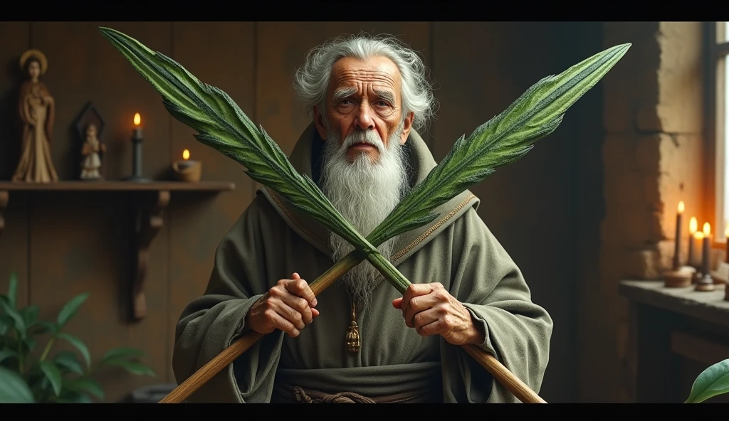 ultra realistic elderly healer with two long plants in the shape of thin spears, crossing like an x in front of your chest. The plant is green with medium green and dark green stripes throughout.. In the background, a house with a shelf with saints and lit candles.. convey depth.