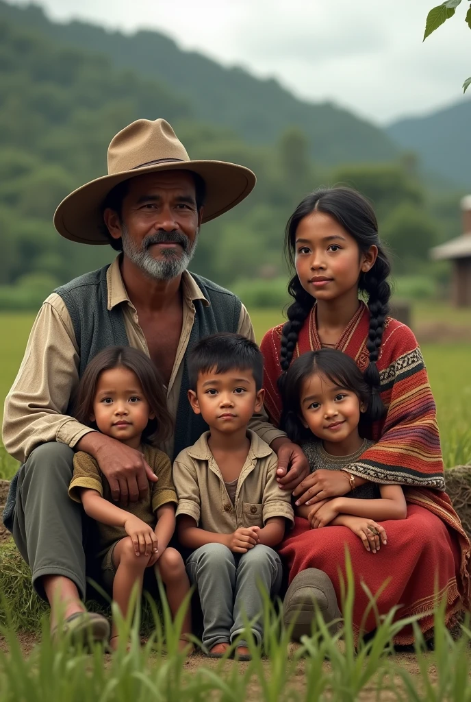 Describe to me a peasant family from the 2000s in Colombia gathered on a farm where they are sitting, the pope a gentleman with a peasant hat , The mother with a ruana and hair tied back with braids ,who have three children, two small boys and a 1 daughter with brown hair, slim build and mixed skin color Ai realistic image
