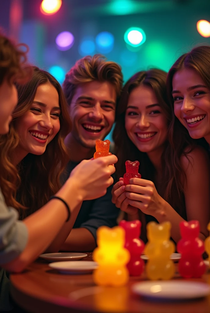 A photo showing a group of male and female friends between the ages of 17 and 20 eating bear-shaped gummy bears with a nighttime party atmosphere in the background