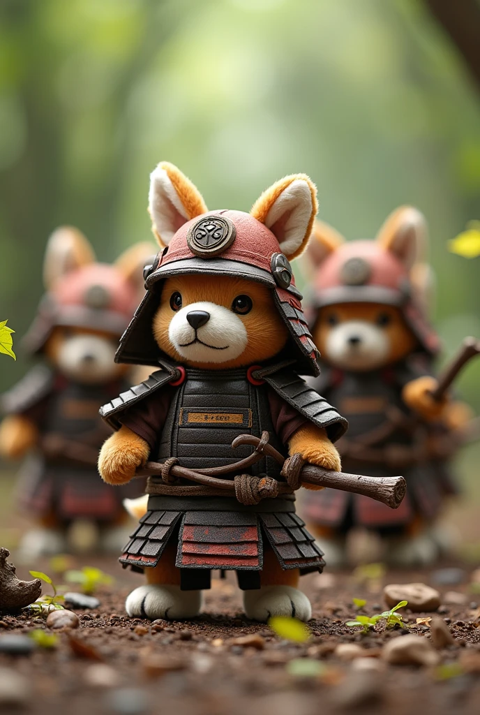 Stuffed toy dog dressed as a samurai　Bring along your stuffed animal companions　All the stuffed animals are dogs　10 friends is good　Weapon: Tree branch　Feeling like we&#39;re marching