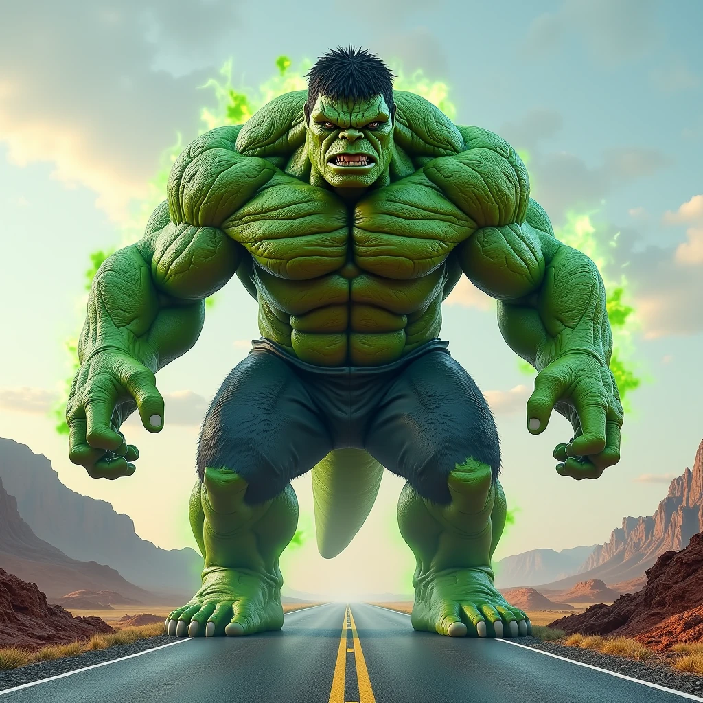 Create a realistic image, on the long road, a T rex with hulk's body is made up of hulk's iconic composed of elements, T rex looks terrible ,image will be cool and shiny.