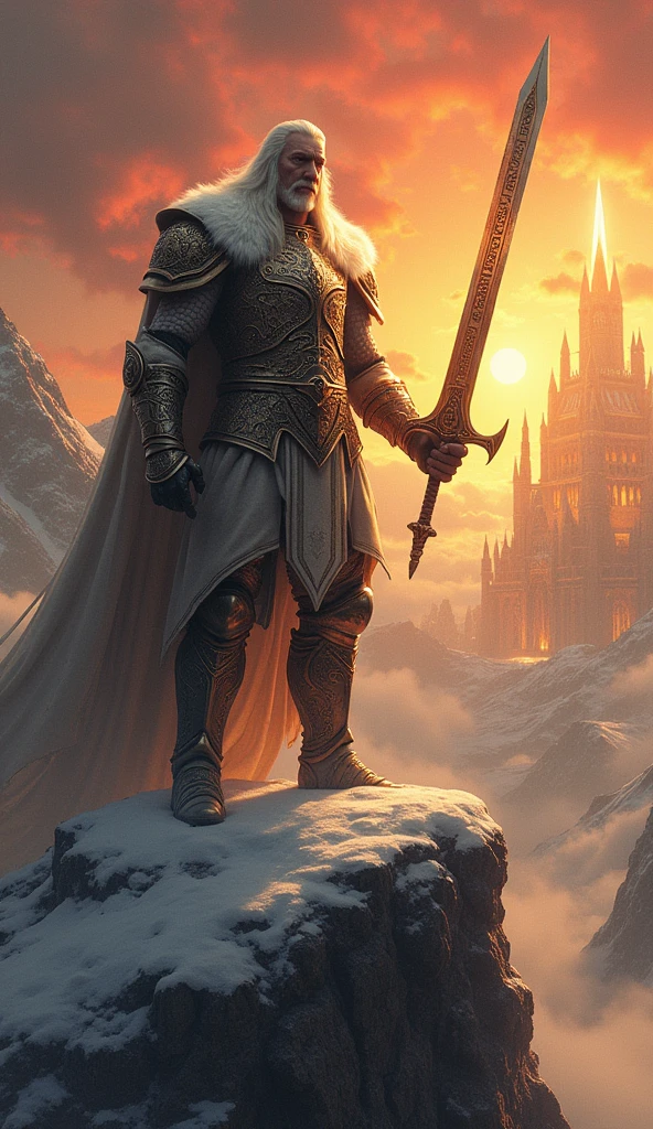 Create an image in Power Metal style for a Story, inspired by the song "Valhalla" by Blind Guardian. The scene should depict a towering Nordic warrior clad in gleaming armor, holding a sword engraved with ancient runes. He stands atop a mountain, with Valhalla visible in the background as a majestic golden palace surrounded by glowing clouds and northern lights. The sky is tinged with red and orange at dawn, creating an epic and mystical atmosphere, evoking feelings of glory and destiny. The overall aesthetic should be grand and evocative, capturing the spirit of battle and honor.