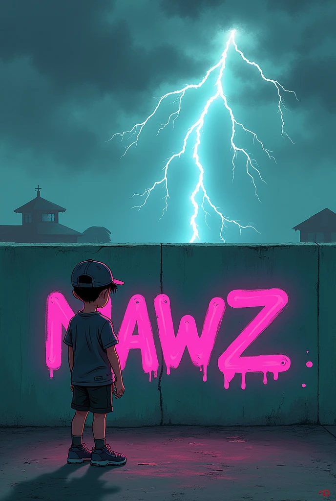A 1 boy with a backwards Japanese cap graffitiing the word mawz on a wall in fuchsia with thunder falling from the sky and a greenish turquoise background