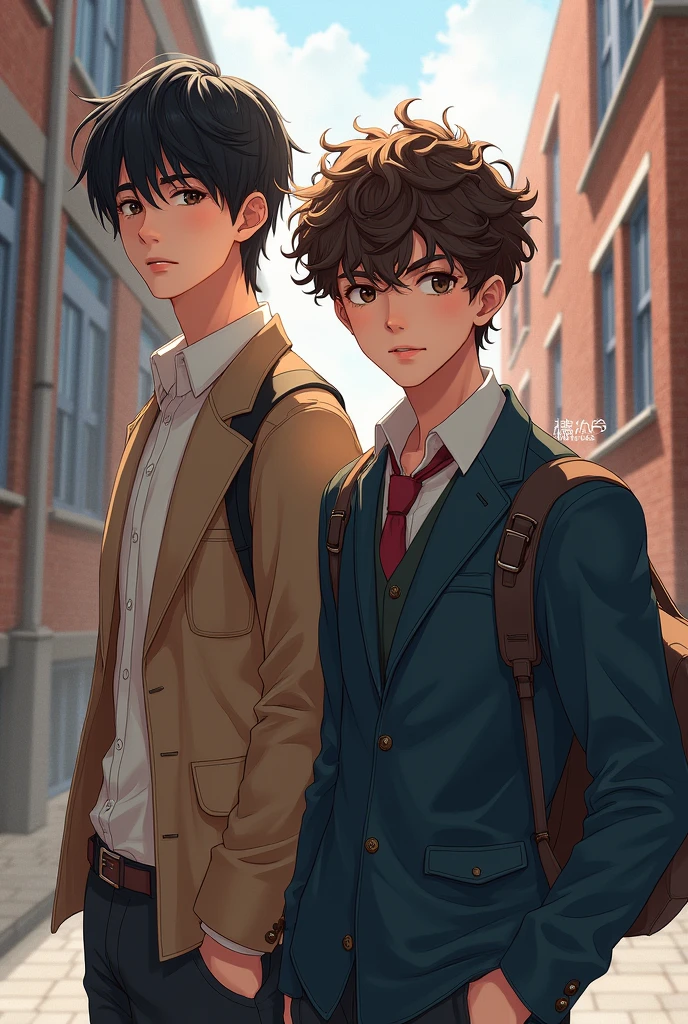 A cover for a fanfic, in the background a school environment and two boys on the cover, one with straight black hair and brown eyes and the other with brown and curly hair. With a realistic stroke