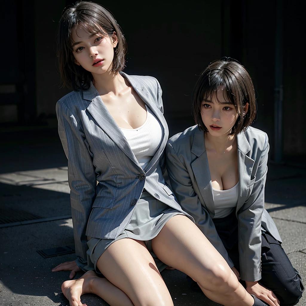 (Surreal), (Awareness-raising), (High resolution), (8k), (Very detailed), (The best Awareness-raisingns), (Beautiful and fine details), (Highest quality), (Ultra-detailed), (masterpiece), (wallpaper), (Detailed face), Droopy eyes,Sweaty, whole body, whole body, Long legs,Underarm,short hair,Colored inside,alone, Large Breasts, Cleavage, Japanese, huge 、Laughter, Wearing a grey blazer, Grey short skirt, Office Uniforms, Neon lit street、 Spread your legs wide、 True Face、 sit、 White panties are visible、