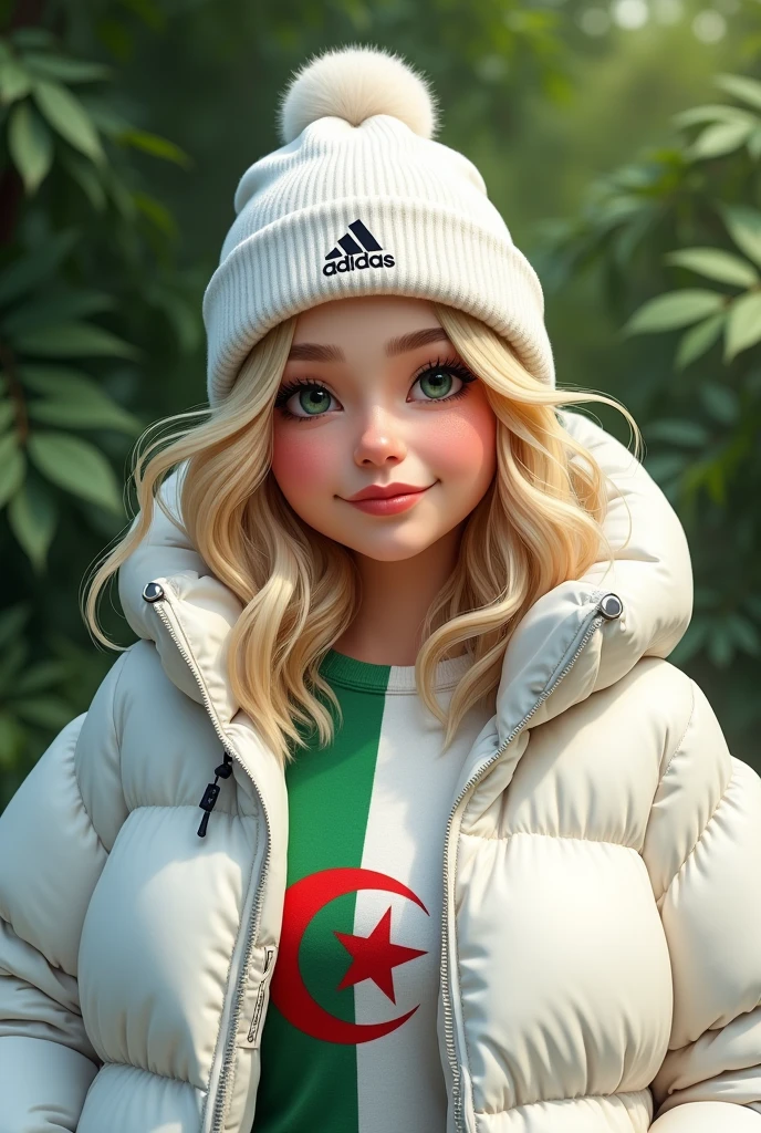 Close up, blonde, plump woman . Rossignol x Tommy Hilfiger down jacket - White, Adidas hat, T-shirt with Algerian flag half white and half green, green nature background