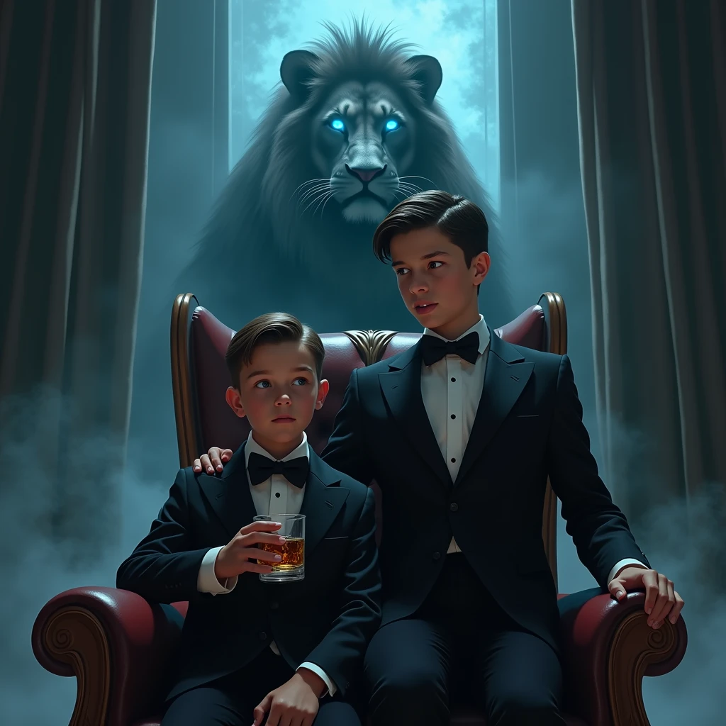 Create a realistic image where a 2 boy  wearing black luxury suit and sitting on a king size chair, he's holding a whiskey glass in his hand, there is smoke in the background of a shadow of a lion and lion's eyes is glowing in blue colour. In background the name "🔱 J 🔱" is showing in bold and neon effects just above the head of the character as per his name.