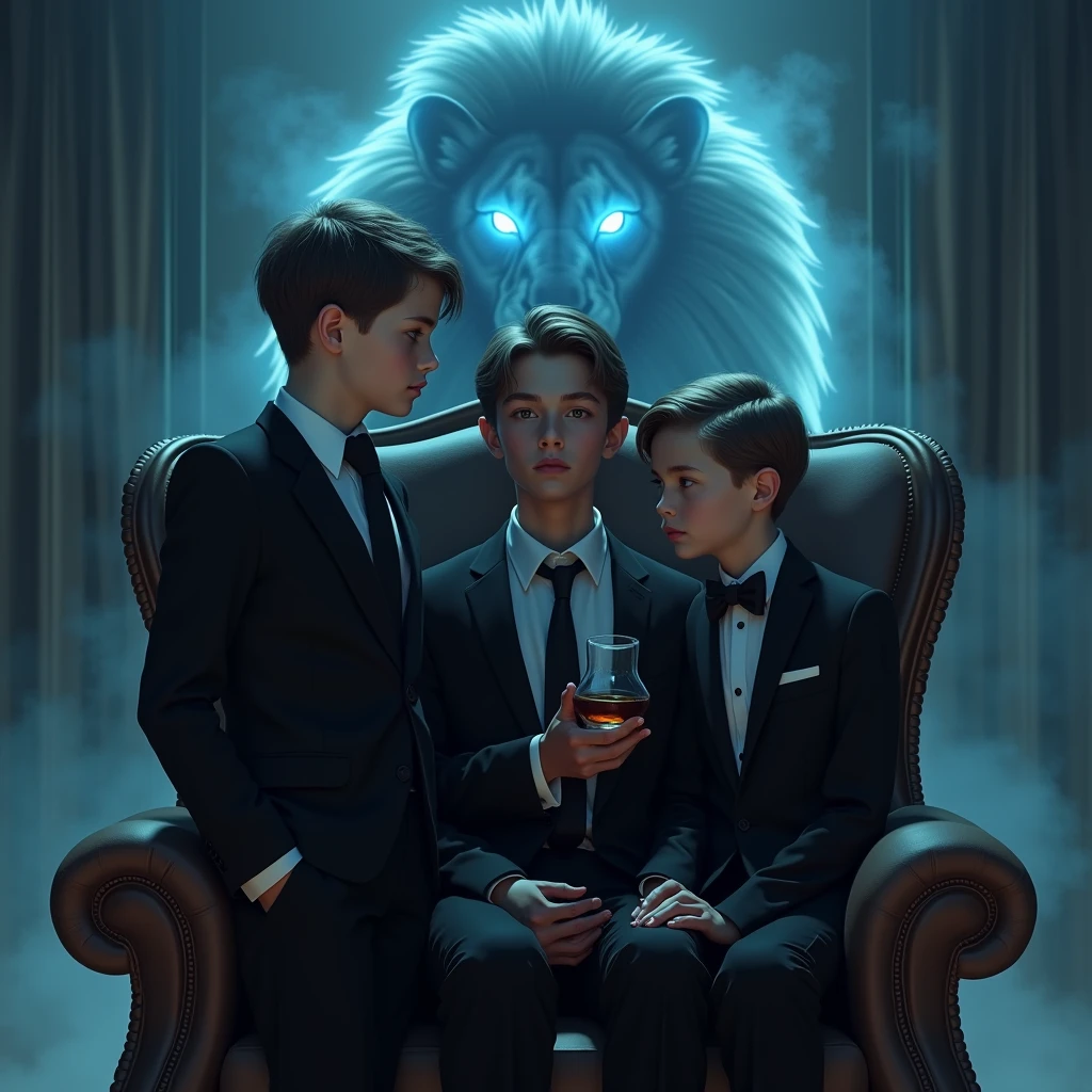 Create a realistic image where a 2 boy wearing black luxury suit and sitting on a king size chair, he's holding a whiskey glass in his hand, there is smoke in the background of a shadow of a lion and lion's eyes is glowing in blue colour. In background the name "🔱 J 🔱" is showing in bold and neon effects just above the head of the character as per his name.