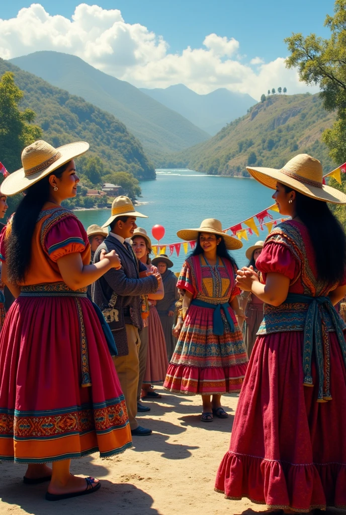 Make a realistic image where women with skirts and hats and men with ponchos and hats from small communities in Peru are worshiping water by making a festival.