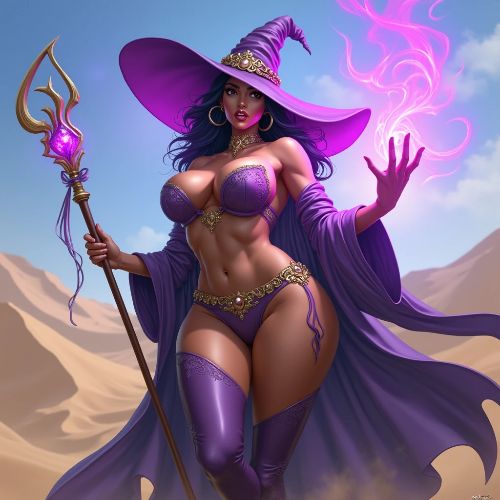 1girl, tall, dark skinned, desert sorceress, large breasts, wide hips, thick thighs, slim waist, black hair, purple clothing, revealing clothing, large purple witch hat, purple cape, holding staff, casting magic, calm expressionHigh Quality, Super Detailed, Masterpiece,