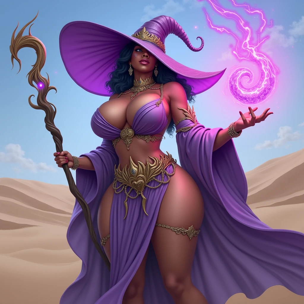 1girl, tall, dark skinned, desert sorceress, large breasts, wide hips, thick thighs, slim waist, black hair, purple clothing, revealing clothing, large purple witch hat, purple cape, holding staff, casting magic, calm expressionHigh Quality, Super Detailed, Masterpiece, 