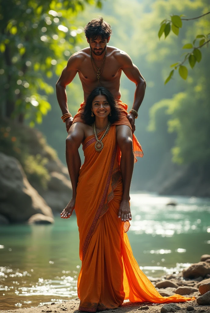 Gorgeous, Sexy indian village ragpicker young woman is carrying a large man on her head, man is sitting on her shoulders, nearby a river , natural smile
