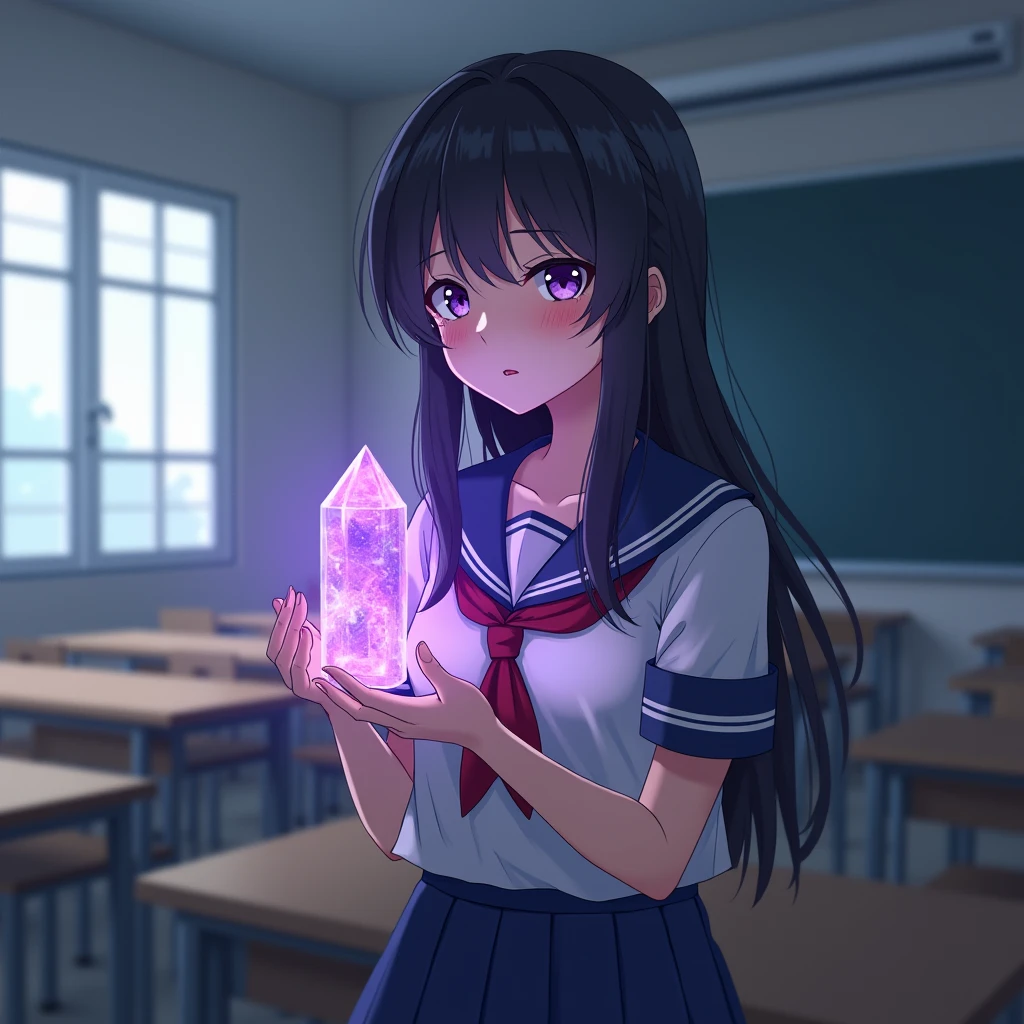 (Holding a glowing crystal in one hand:1.4), (Eyes mesmerized by the light of the crystal:1.4),(Facial Art:1.3) Sailor suit、Japanese Girl、Black Hair、Long Hair、sense of cleanliness、Sleepy eyes、Gazing into the crystal、Hollow Eyes、Highest quality、classroom、No pupil、Looks sleepy、Half-closed eyes、Expressionless eyes、Sleepy eyes、Eyes that seem to close、Upper Body、I can see your chest、mini skirt、Large Breasts、The crystal glows faintly、The crystal glows purple、Enchanted eyes、Fascinated face、Sleepy face、Staring at the crystal、Eyelids half closed、I want to sleep very much、Enchanted eyes、Lightless Eyes、White of the eyes