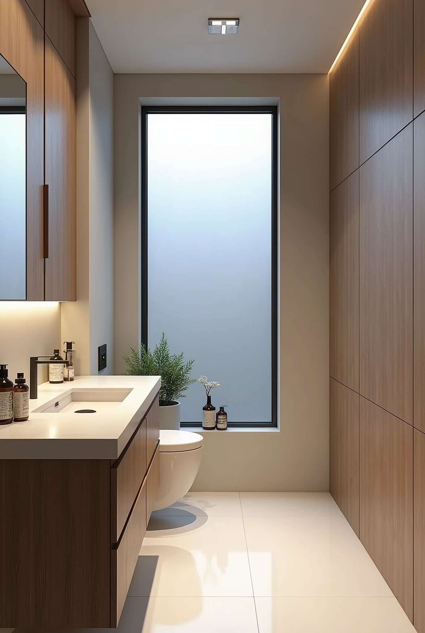 contemporary bathroom , small frosted glass window, super realistic render vray, with glass box up to the ceiling , suspended sanitary ware, stone sink countertop, wooden panel ,premium bathroom design, Cinematic Soft Vray,high quality rendering, render vray, Smooth, studio-quality rendering, vray 8k rendering, very realistic 3D rendering, render in vray, very realistic render