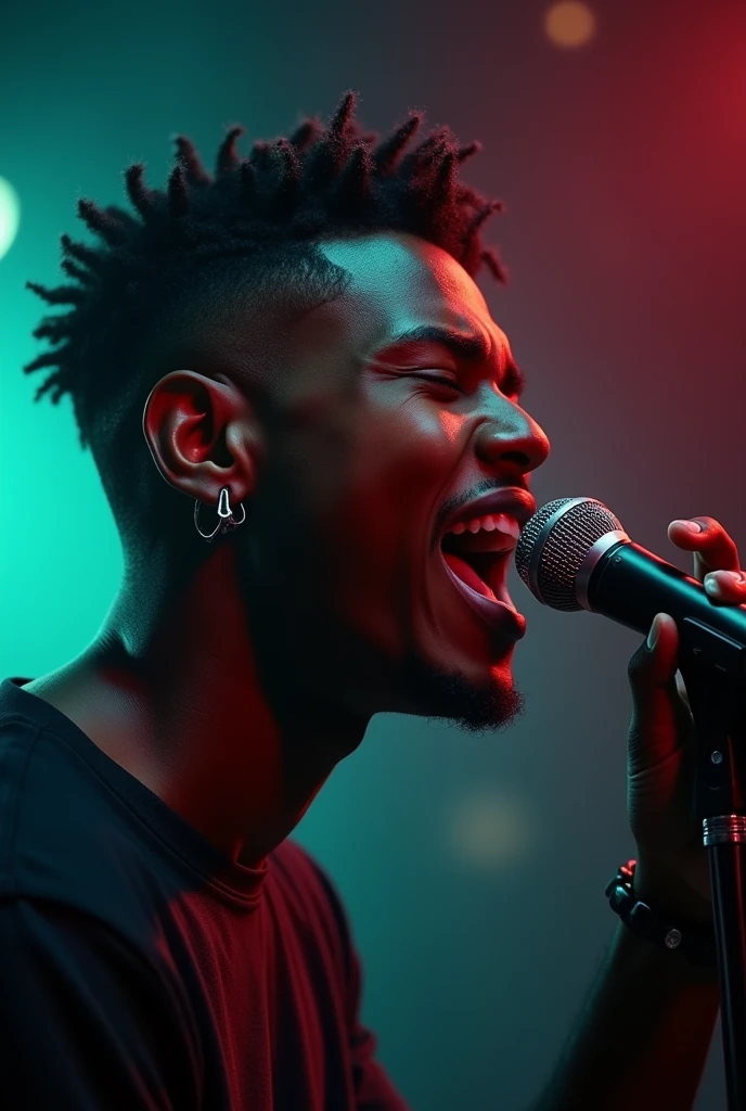 Jeune et beau noir, de 22 ans . artiste musicien , une coiffure tapers dégradé, le micro de face et qui  chante avec force et passion