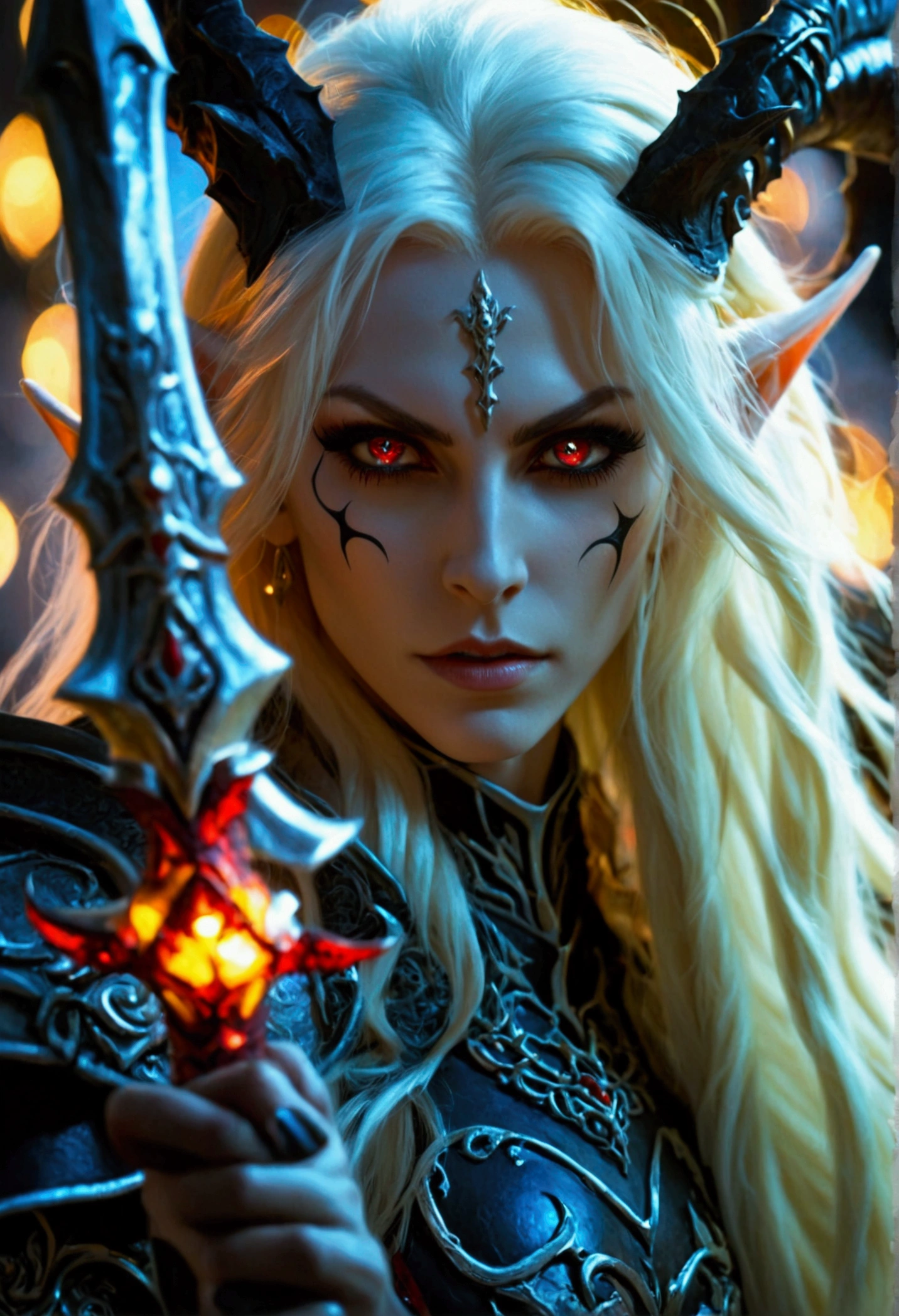 Everquest evil elf ,white eyebrows, eyelashes, curved mouth expression, smooth skin, long luscious platinum blonde hair, long detailed facialhair, full detailed body, detailed black red white Warrior Necromancer armor, fantasy two handed claymore, fantasy dnd at night full moon light