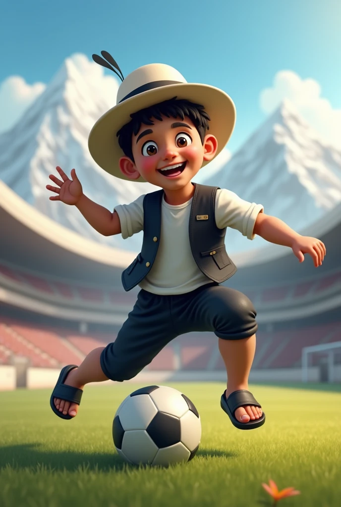 Very happy Peruvian Andean boy with white hat and black ribbon, black vest, White shirt, black pants and black sandals Playing soccer with epic open legs with stadium background, snow-capped mountains and lagoons 
