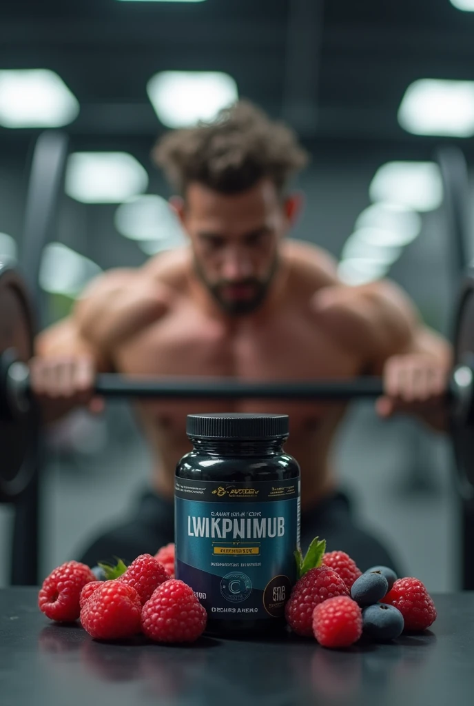 small creatine jar on top of gym equipment with berries behind the jar, with a man doing bench presses in the gym with a blurred background