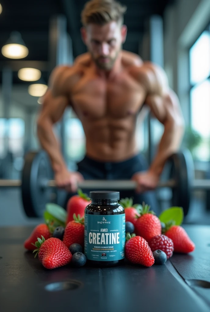 small creatine jar on top of gym equipment with berries behind the jar, with a man doing bench presses in the gym with a blurred background