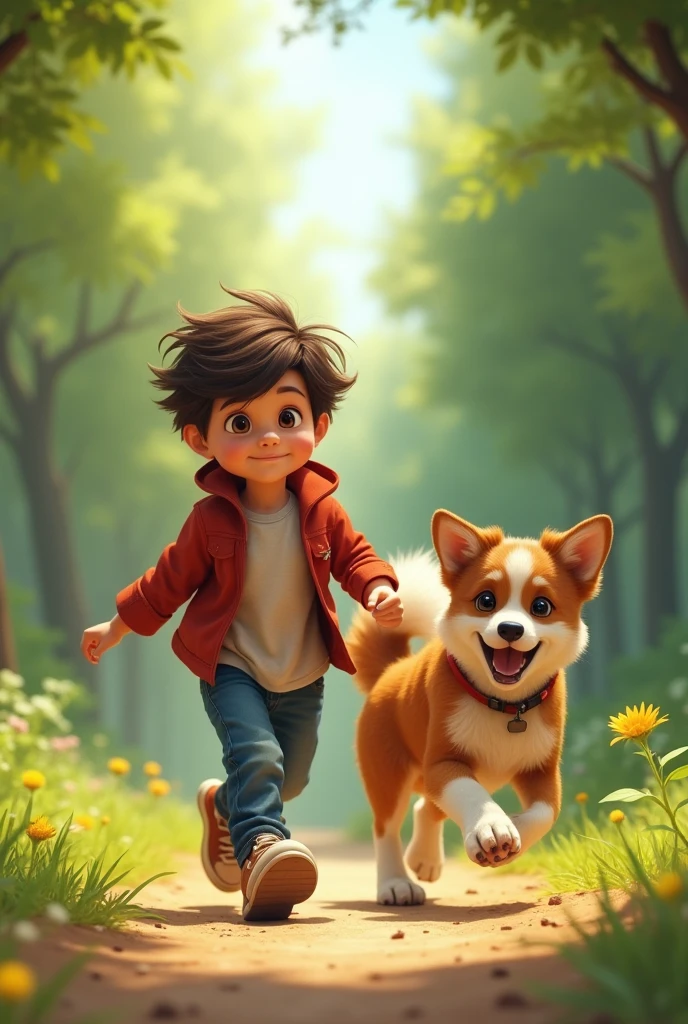 Boy walking with his dog in motion