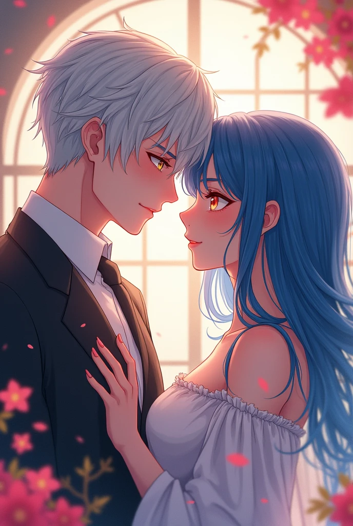 A romantic manga scene with a man and a woman where the woman has blue hair and red eyes and the man has white hair and yellow eyes.