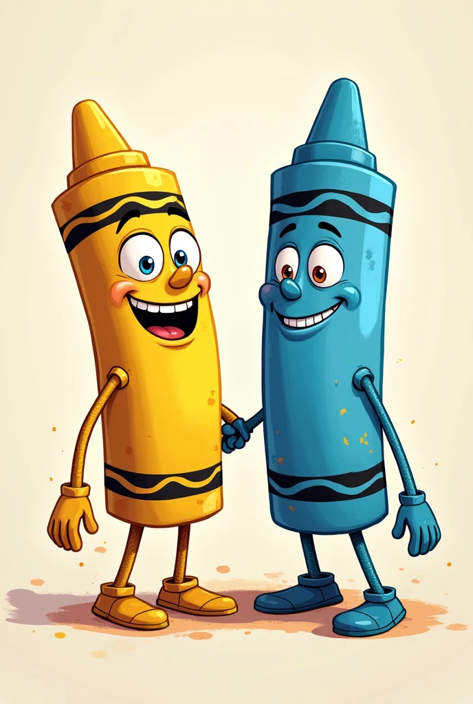 Crée deux personnages animés en forme de crayons. Le premier crayon est de couleur jaune avec une expression joyeuse, des yeux grands et expressifs, et un sourire amical. Le deuxième crayon est de couleur bleue, avec une expression curieuse, des yeux vivants, et une petite moue. Les deux crayons doivent avoir des bras et des jambes en forme de dessins animés, et être dans une pose dynamique, comme s'ils étaient en train de discuter ou de jouer ensemble. Le fond est simple et coloré, avec des éléments de dessin tels que des esquisses ou des papiers pour renforcer le thème de l'animation. Les personnages doivent avoir un style cartoon, avec des traits doux et des couleurs vives.