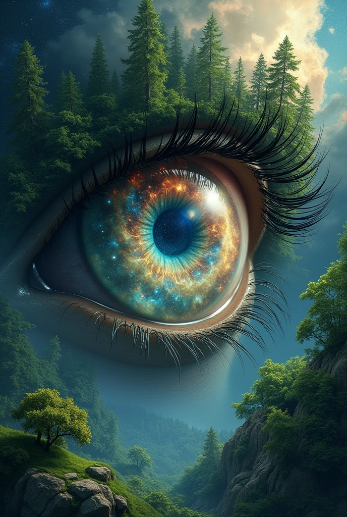 Eye where the iris is a forest and the pupil shows a universe