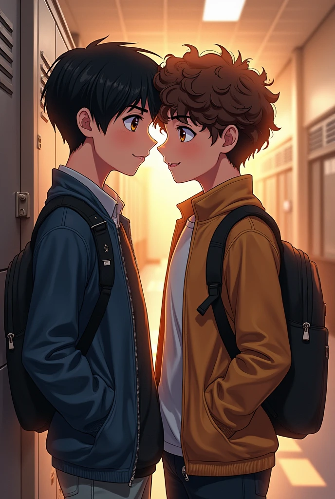 A cover for a fanfic, in the background a school environment and two boys on the cover, one with straight black hair and brown eyes and the other with brown and curly hair. teenagers 