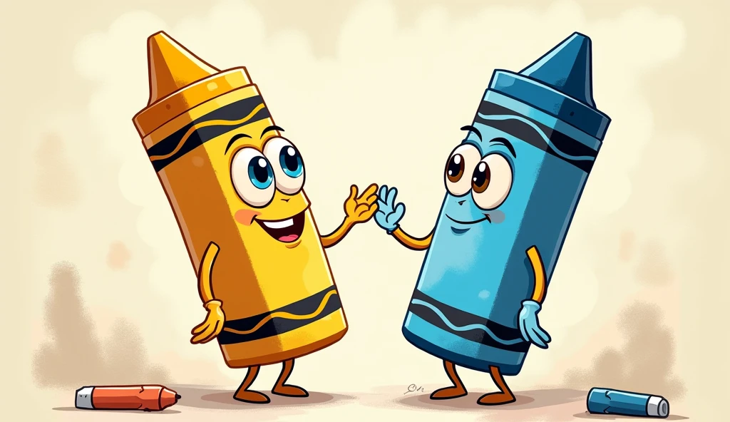 Crée deux personnages animés en forme de crayons. Le premier crayon est de couleur jaune avec une expression joyeuse, des yeux grands et expressifs, et un sourire amical. Le deuxième crayon est de couleur bleue, avec une expression curieuse, des yeux vivants, et une petite moue. Les deux crayons doivent avoir des bras et des jambes en forme de dessins animés, et être dans une pose dynamique, comme s'ils étaient en train de discuter ou de jouer ensemble. Le fond est simple et coloré, avec des éléments de dessin tels que des esquisses ou des papiers pour renforcer le thème de l'animation. Les personnages doivent avoir un style cartoon, avec des traits doux et des couleurs vives.