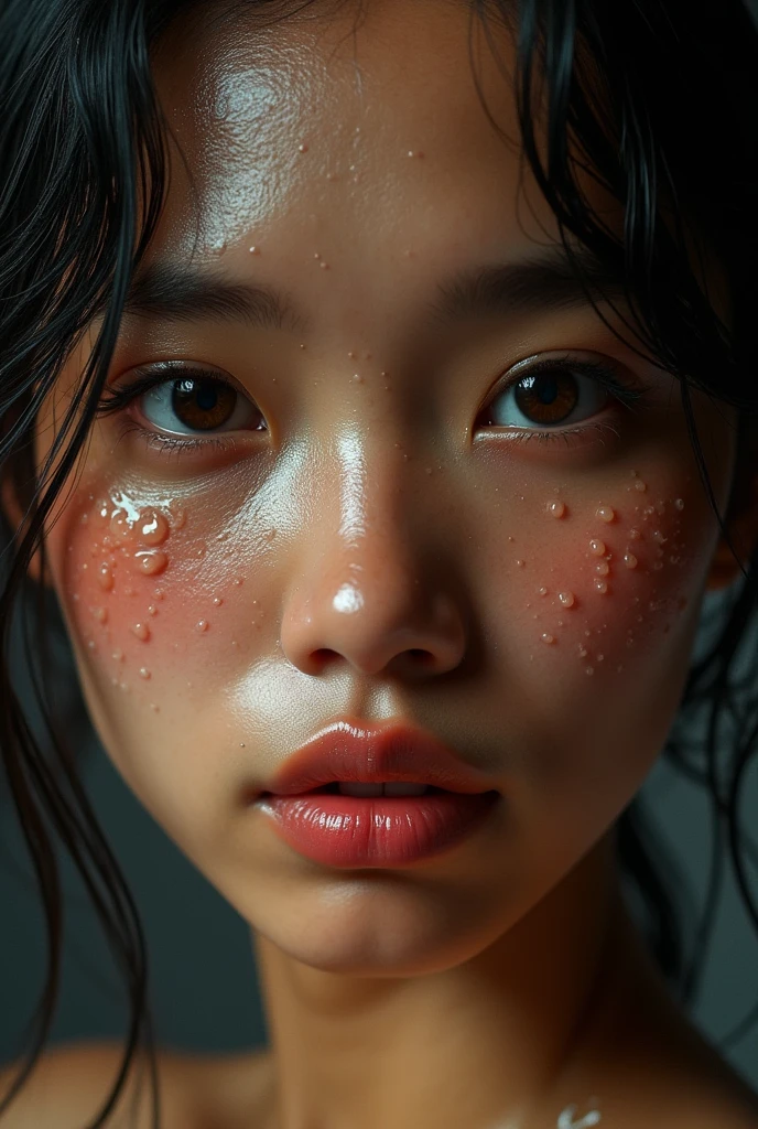 a full face of a indonesian woman's wet face, a hyperrealistic painting, inspired by Sam Spratt, featured on zbrush central, hyperrealism, ultra realistic 3d illustration, sweating intensely, photo realistic image, covered in water drops, hyperrealistic movie filmstill, in style of photorealism artist, portrait of ultra realistic, morning. hyperrealism, sweaty wet skin