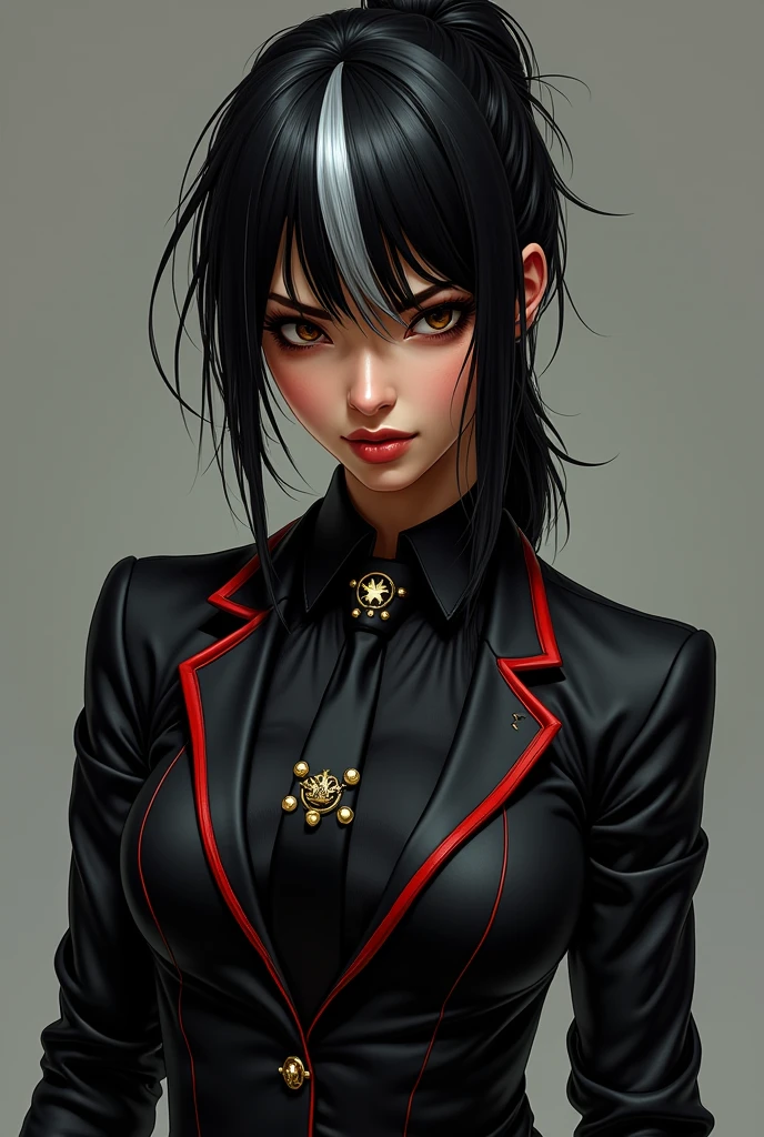 A killer girl, I wore black clothes with some red stripes like a suit and a black tie with gold details and my skin was almost brown, unruly black hair with a white streak in the tight, center-parted bangs and brown eyes with a piercing in my left eyebrow and I wore leather gloves, light makeup with cat eyeliner with a nonchalant intimidating posture 
