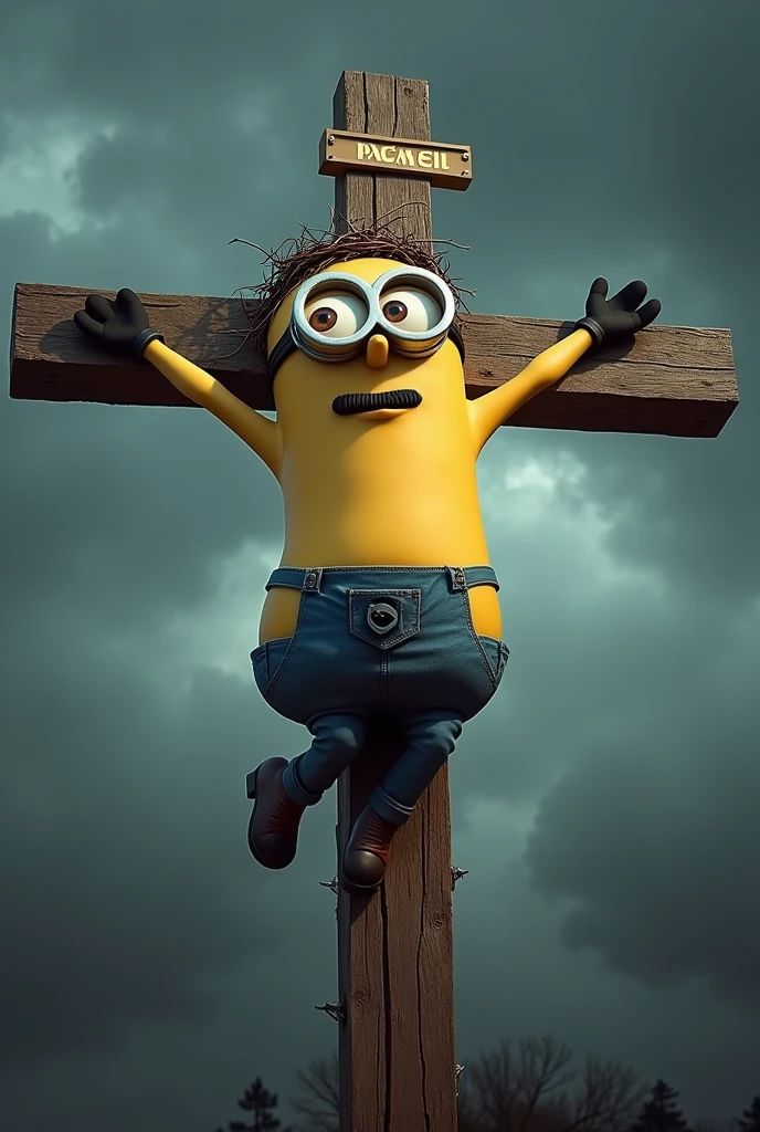 Make a minion version of Brazilian President Jair Messias Bolsonaro crucified and wearing a crown of thorns