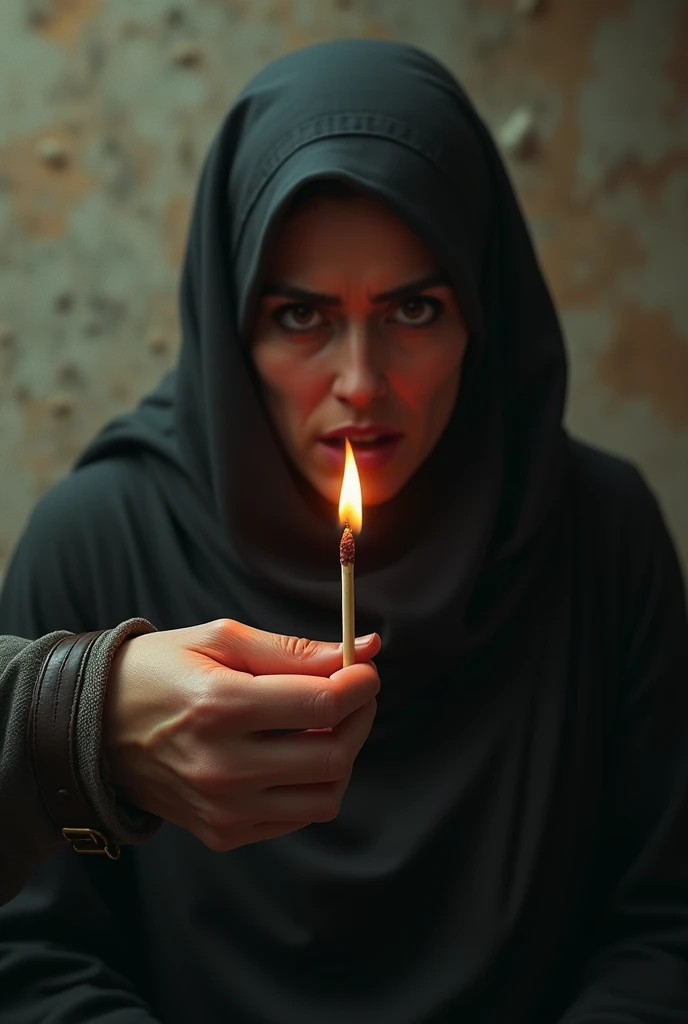 Hand holding a match lighting a cowering Afghan woman on realistic wall