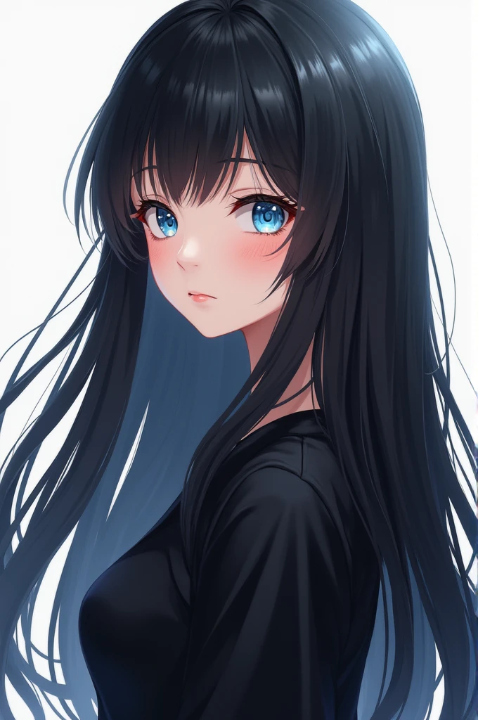 anime, female long black hair, light blue eyes, black top, Short negro, 