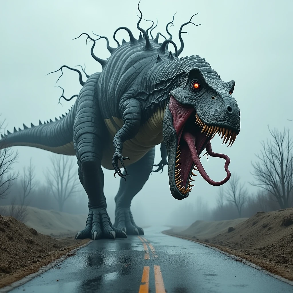 Create a realistic image, on the long road, a T rex with venom's body is made up of  venom's iconic composed of elements, T rex looks terrible ,image will be cool and shiny. 