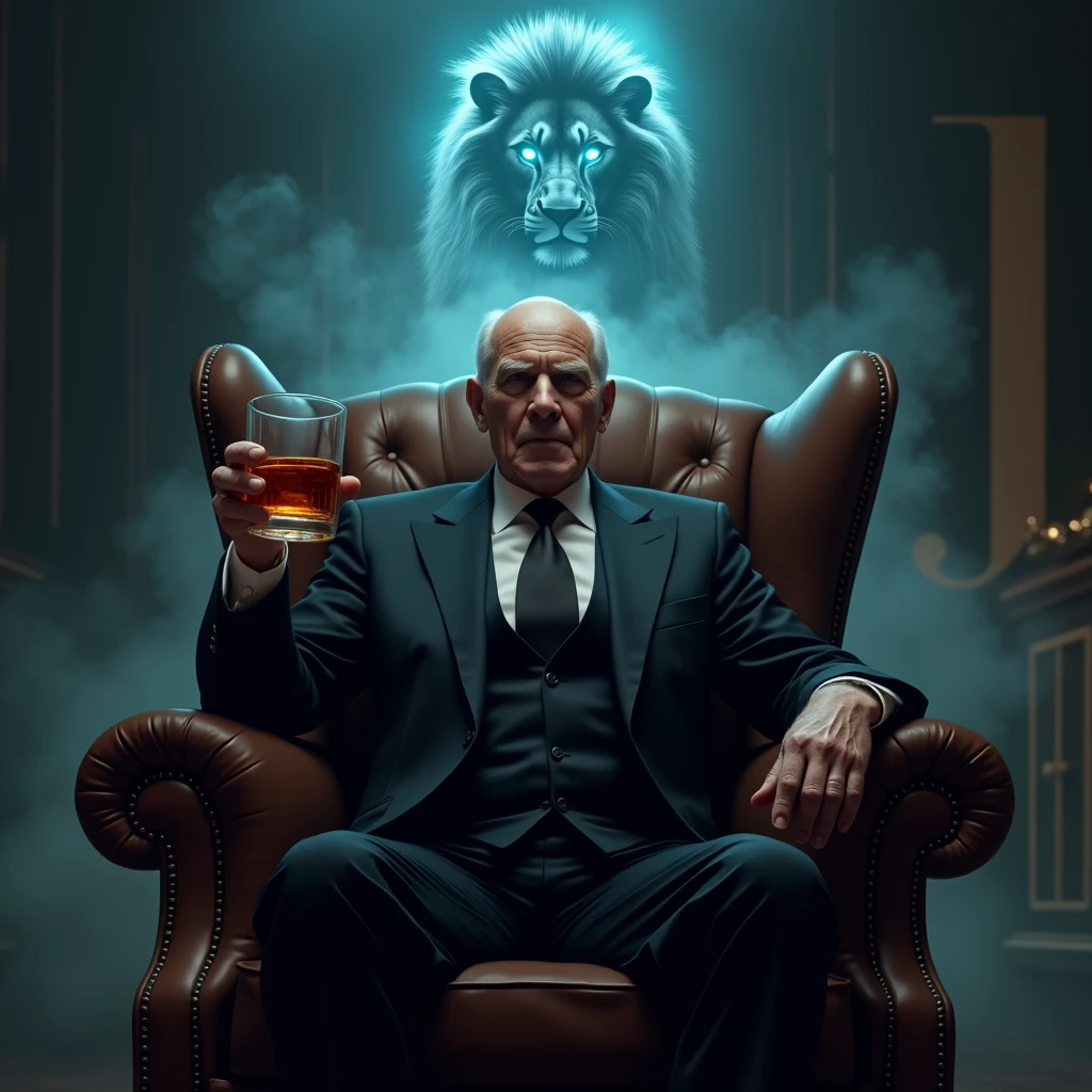 Create a realistic image where a old boy wearing black luxury suit and sitting on a king size chair, he's holding a whiskey glass in his hand, there is smoke in the background of a shadow of a lion and lion's eyes is glowing in blue colour. In background the name " J " is showing in bold and neon effects just above the head of the character as per his name.