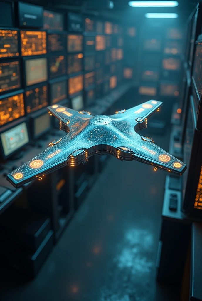Futuristic flying drone , mix of technology and magic, in a room with several computers,